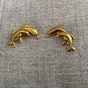 Vintage Gold Tone Swimming Dolphin Earrings